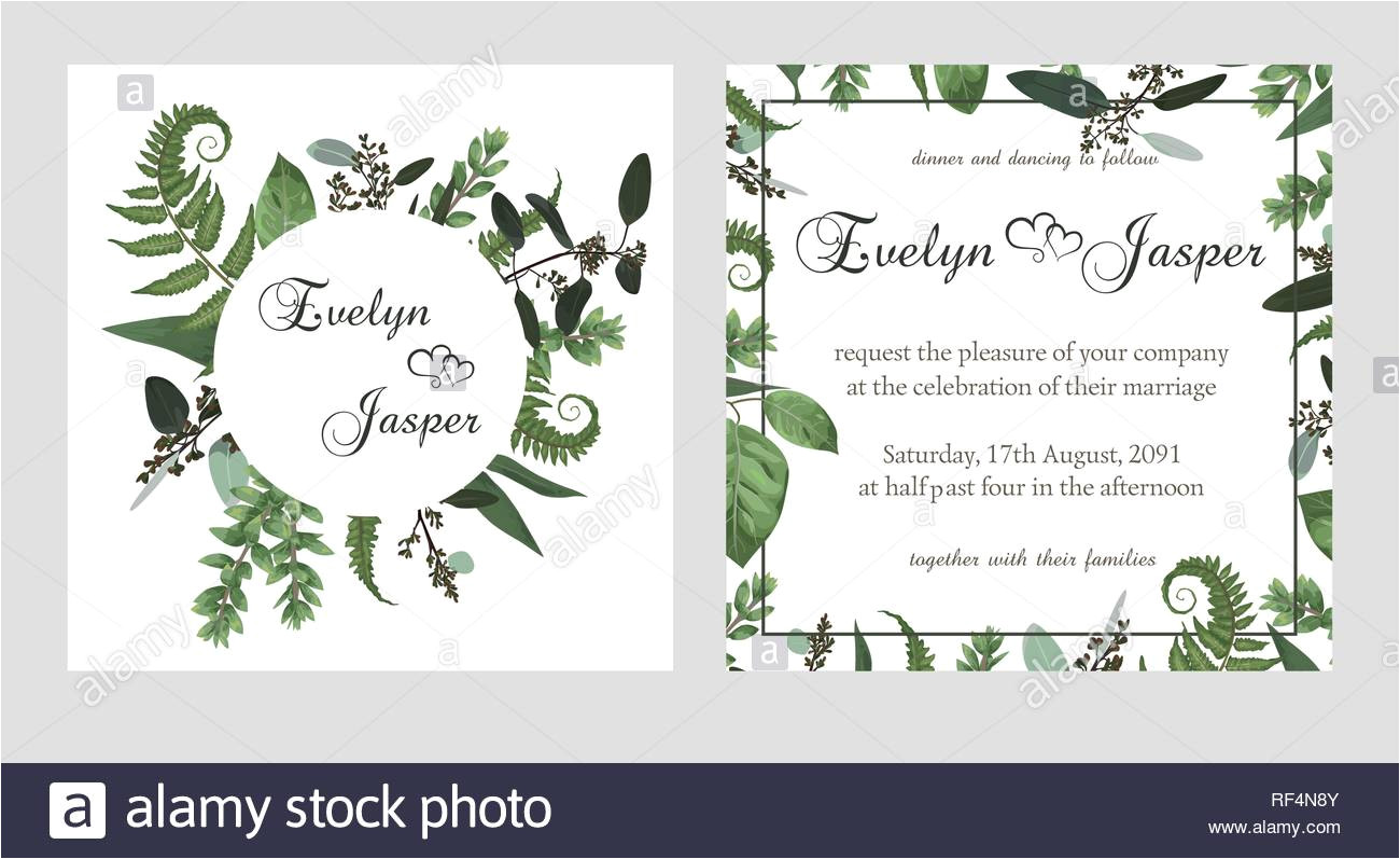 set for wedding invitation greeting card save date banner vintage square round frame with green fern leaf boxwo od and eucalyptus sprigs isolate rf4n8y jpg