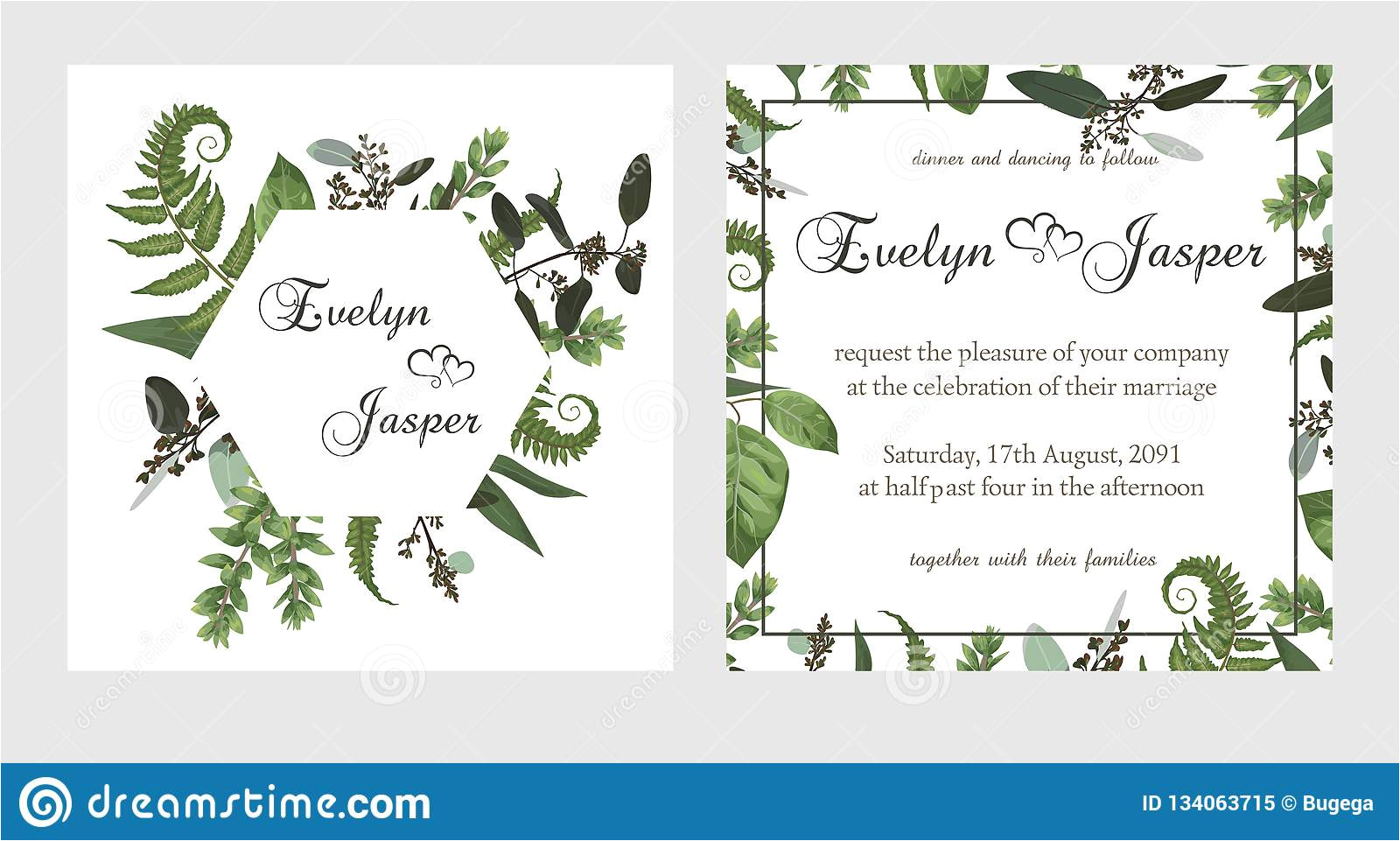 set wedding invitation greeting card save date banner vintage square round frame green fern leaf boxwo od eucalyptus 134063715 jpg