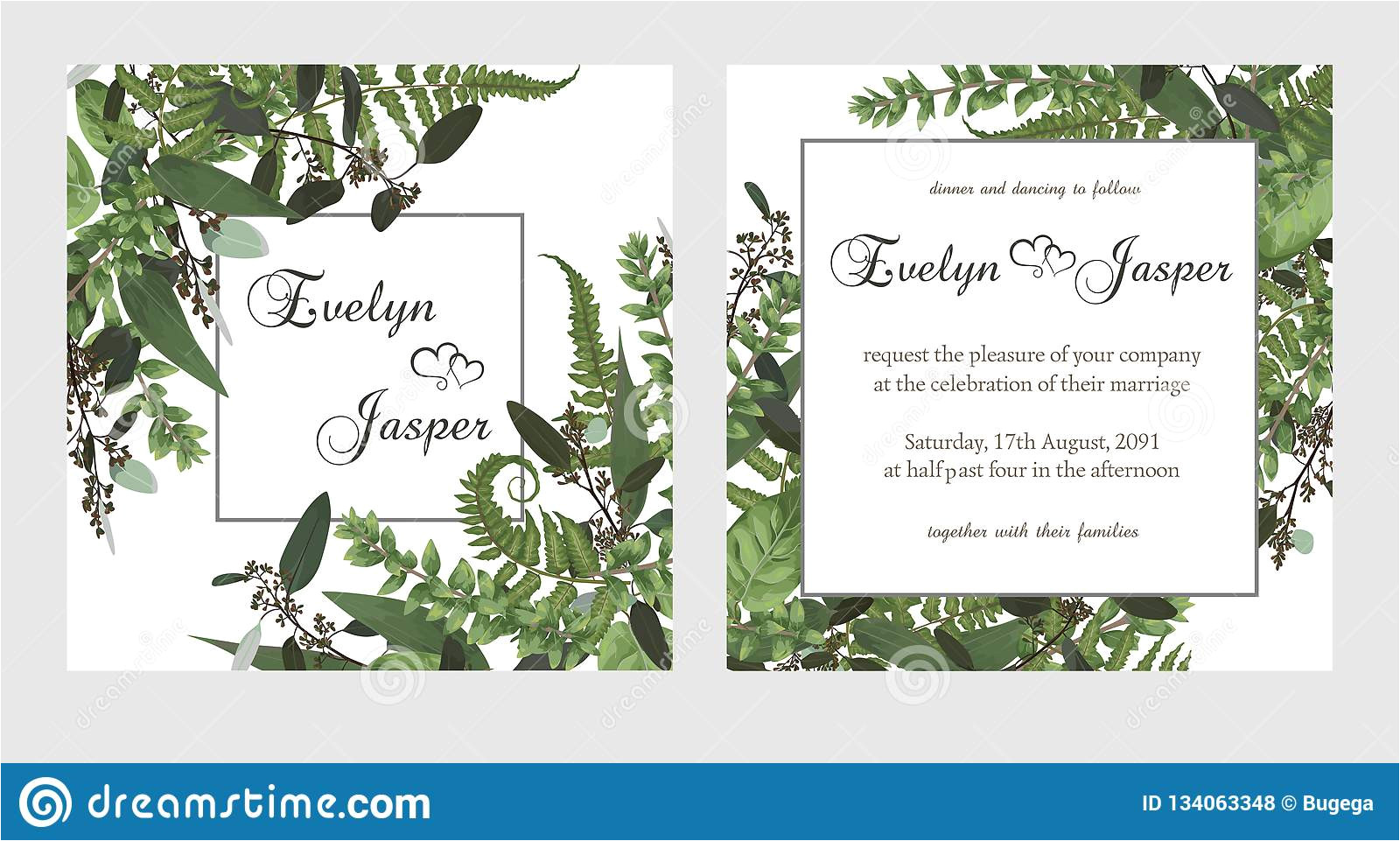 set wedding invitation greeting card save date banner vintage square frame green fern leaf boxwo od eucalyptus sprigs 134063348 jpg