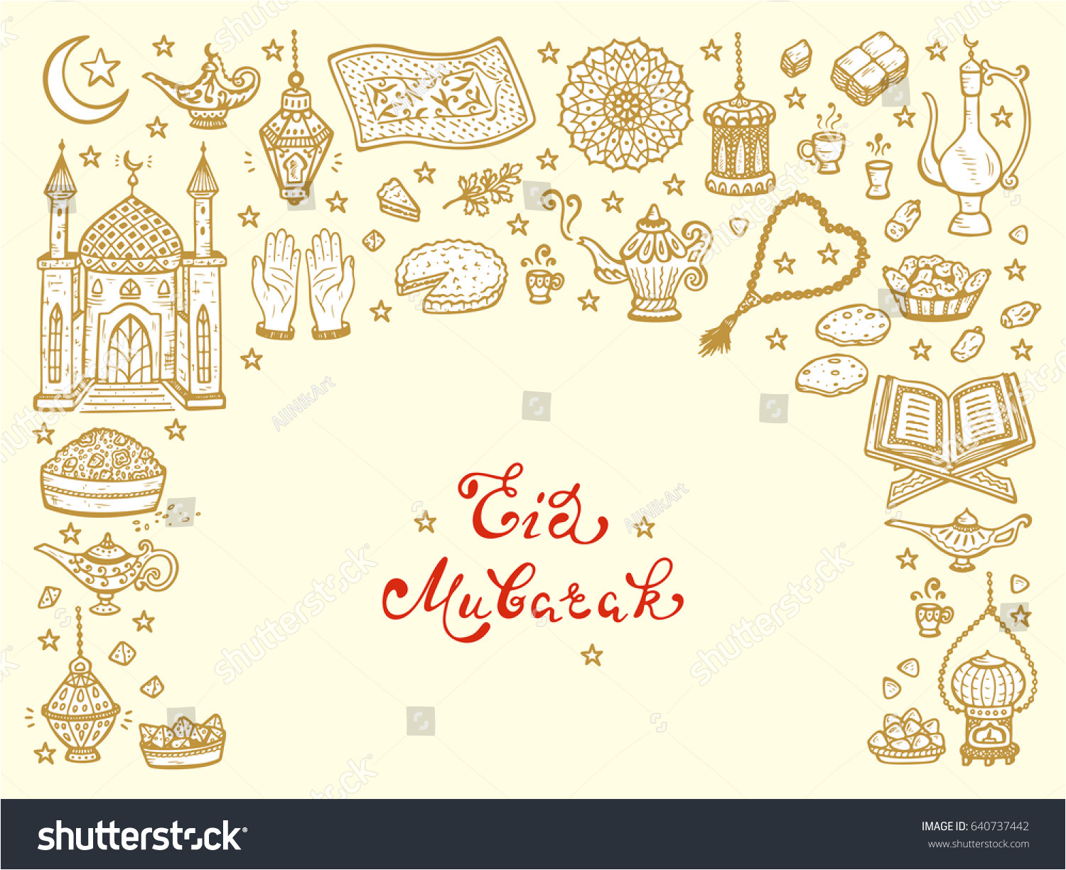 stock vector eid mubarak calligraphy lettering phrase and doodle traditional arabic items greeting card 640737442 jpg