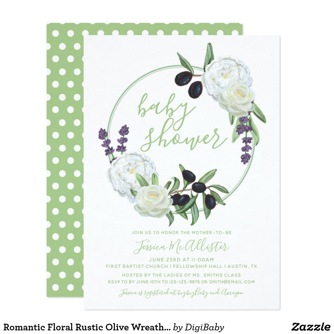 Flower Card for New Baby Romantic Floral Rustic Olive Wreath Baby Shower Card