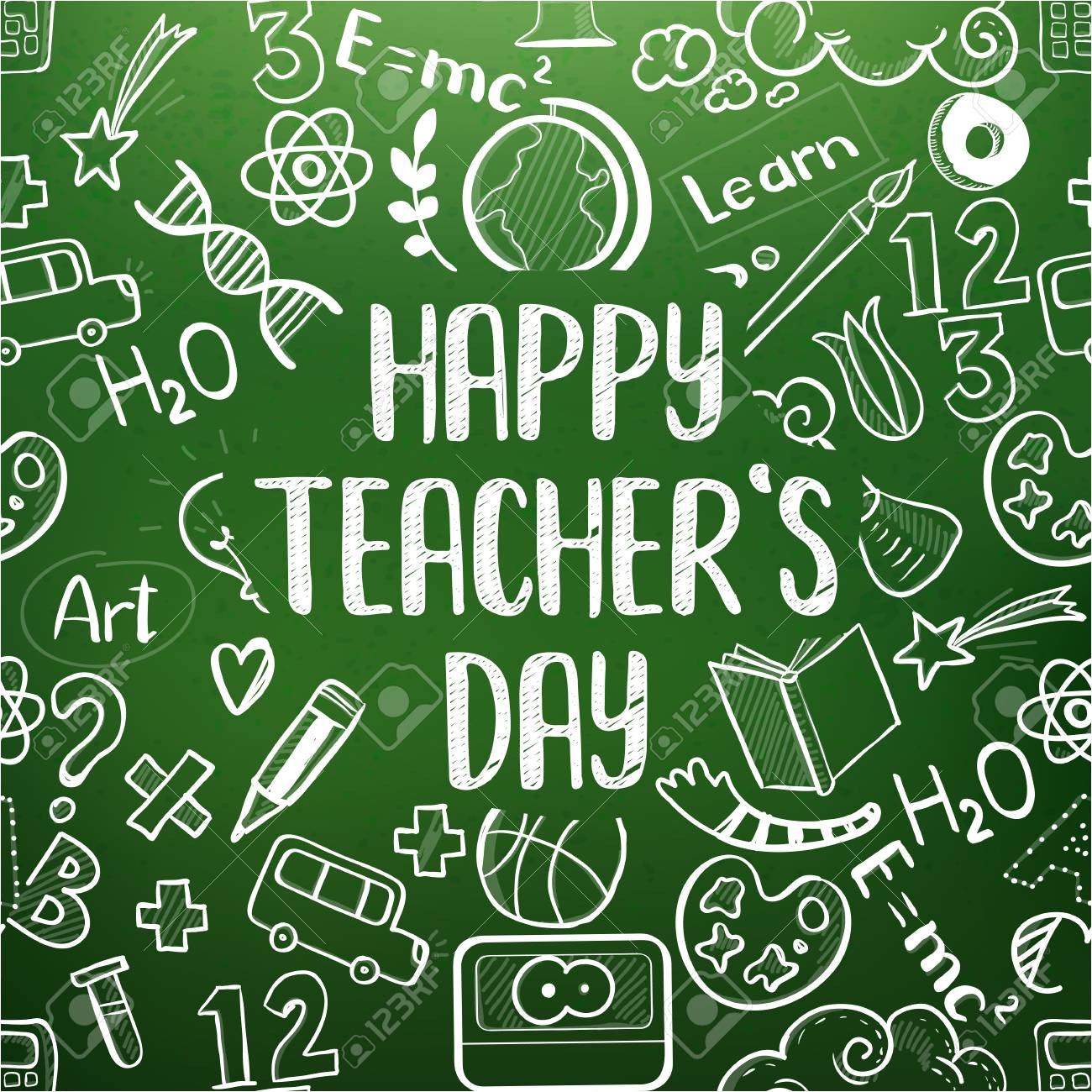 100315143 happy teacher s day greeting on school realistic green chalkboard doodle icons frame jpg