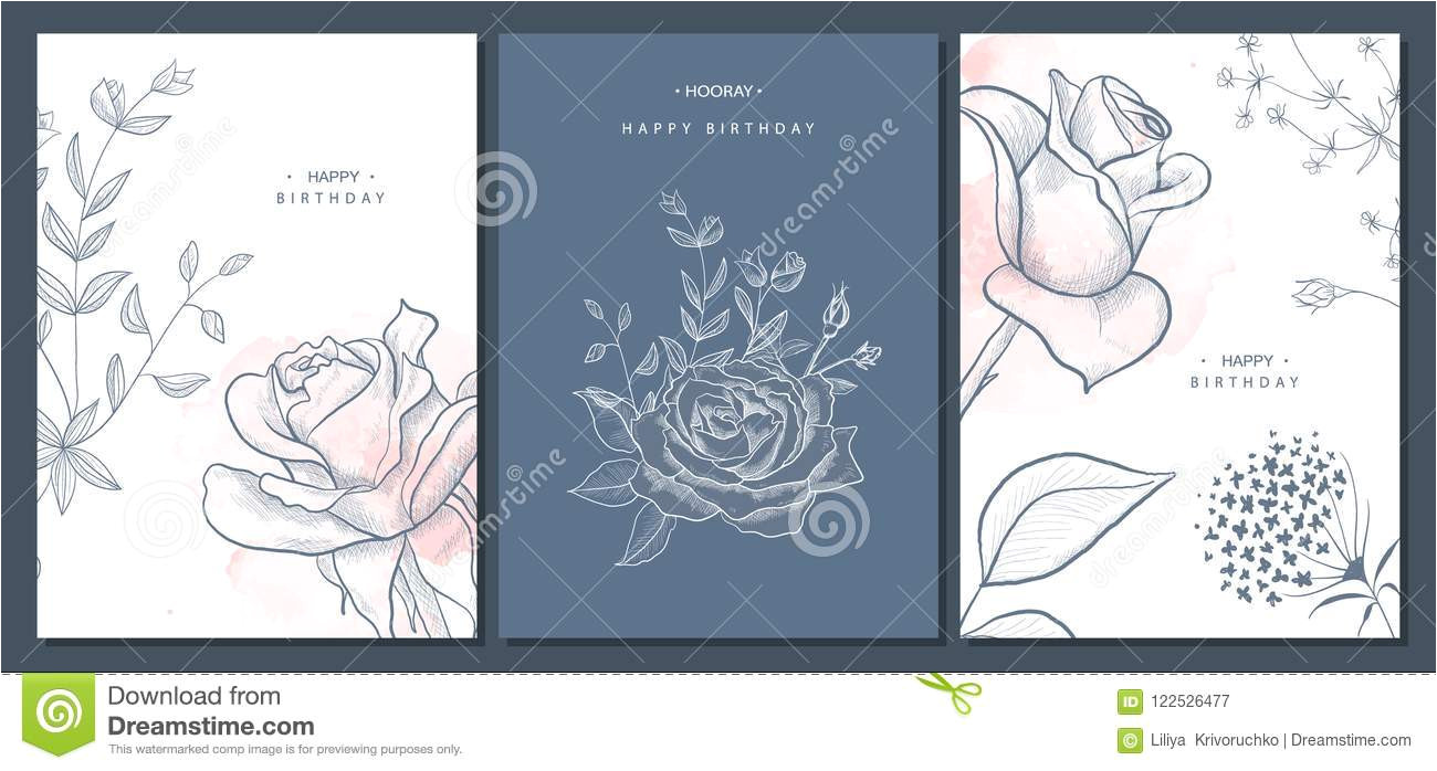 happy birthday greeting cards hand drawn flowers vector illustration trendy background modern set abstract happy birthday 122526477 jpg