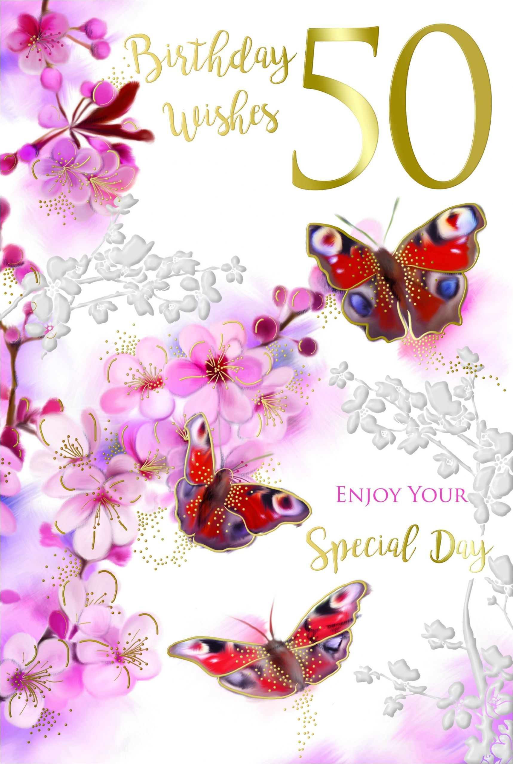 50th 50 special day bright flowers butterflies design happy birthday card jpg