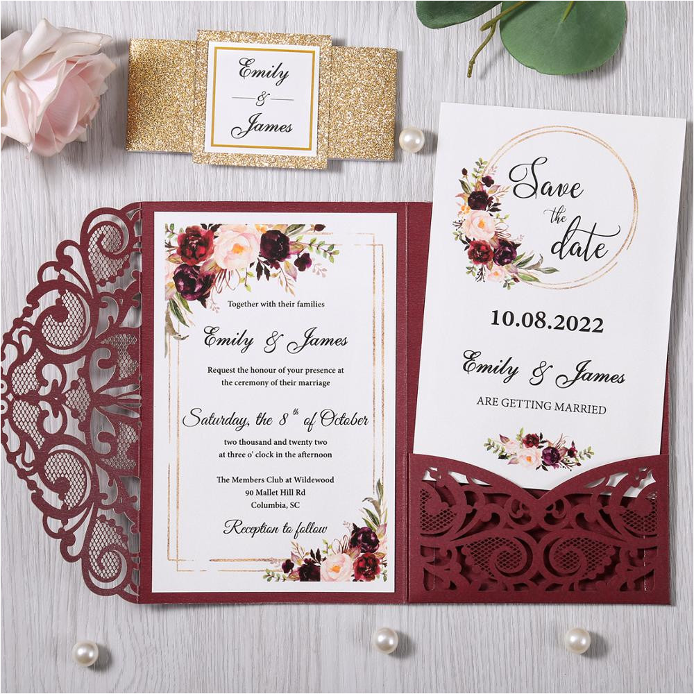 100pcs new custom burgundy navy blue laser cut floral invitation cards for wedding party jpg