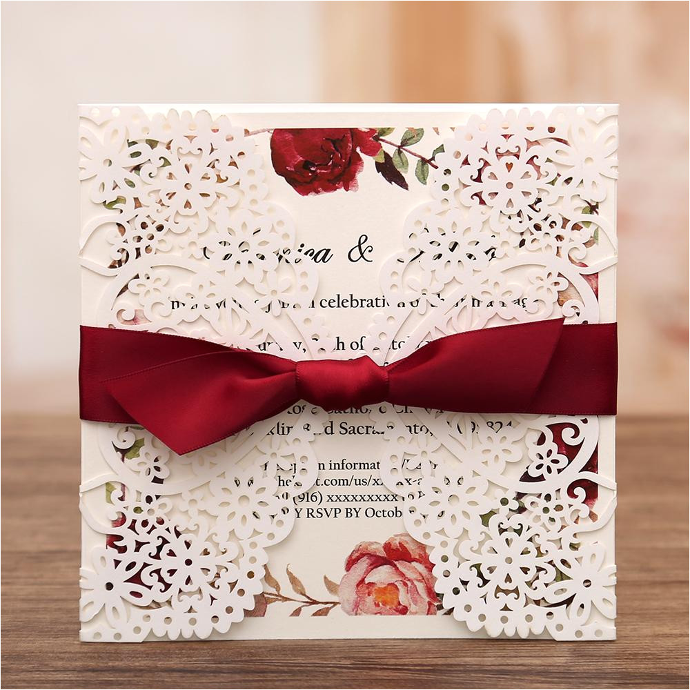 white gatefold laser cut engagement and weddding invitation card with red ribbon cw4514 lrg jpg