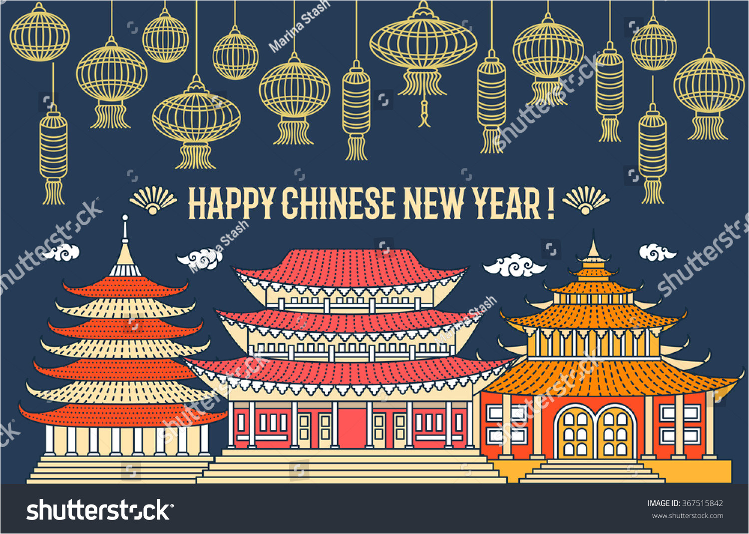 stock vector chinese new year flat thin line greeting card template temple pagoda house lantern firework 367515842 jpg