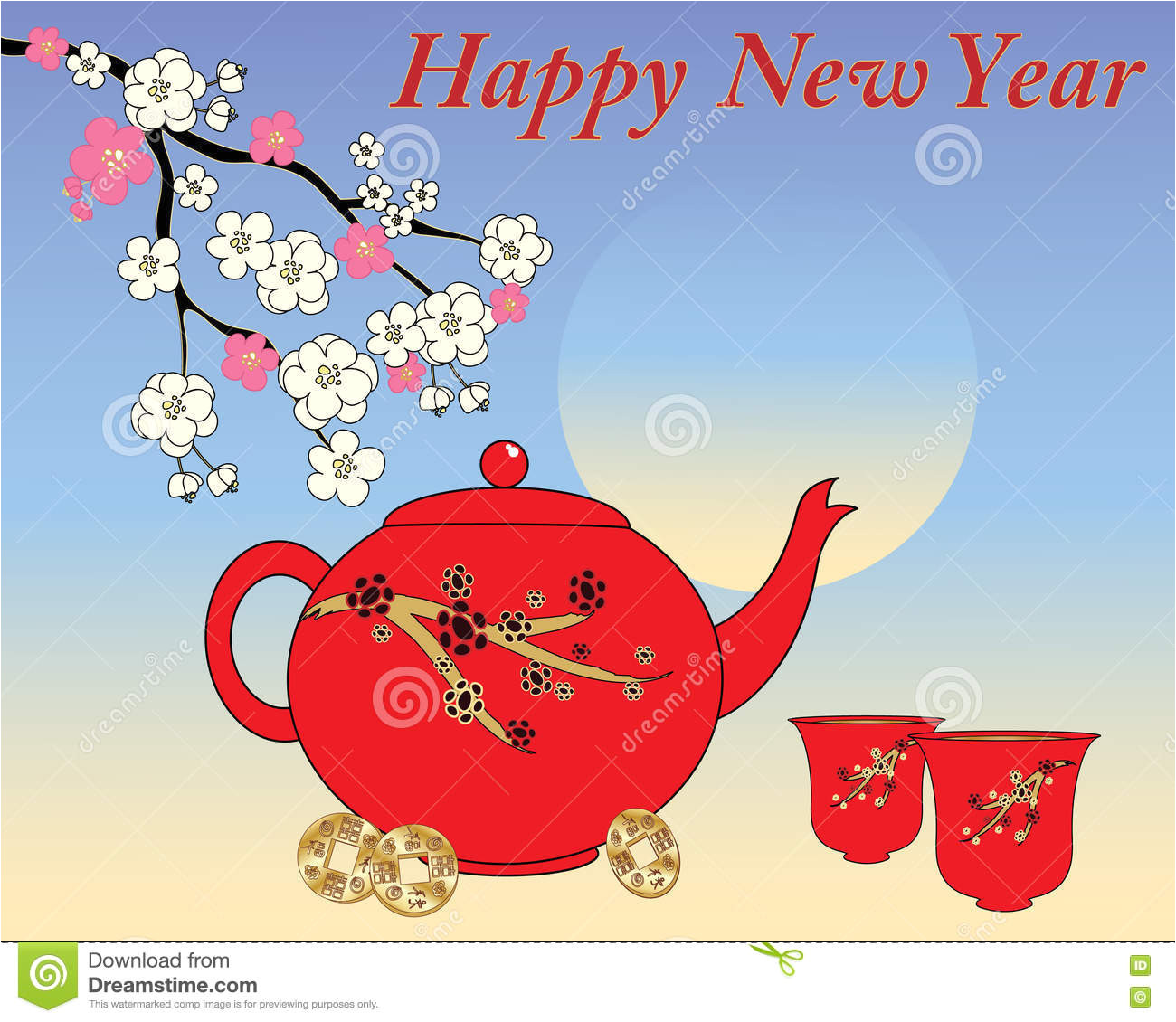 chinese new year illustration greeting card design red decorative teapot cups pink white blossom 81148346 jpg