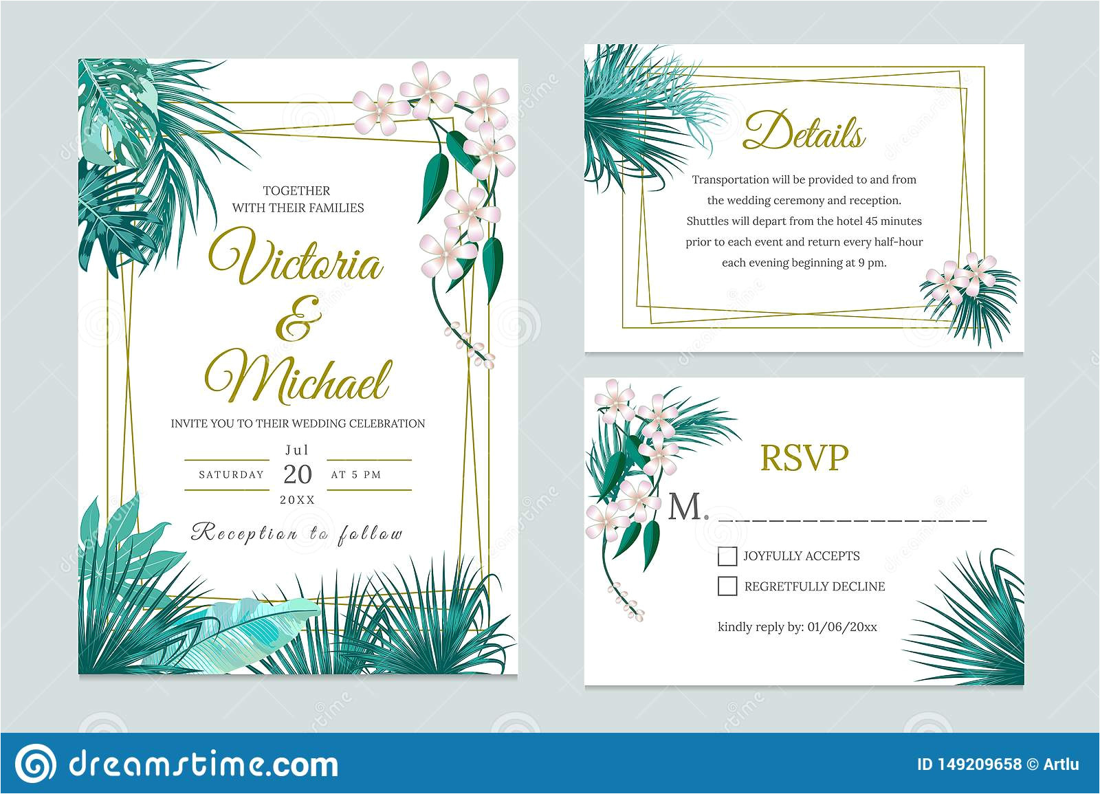 wedding invitation card design floral invite tropical jungle leaves elegant frame set green plants palm tree modern decorative 149209658 jpg