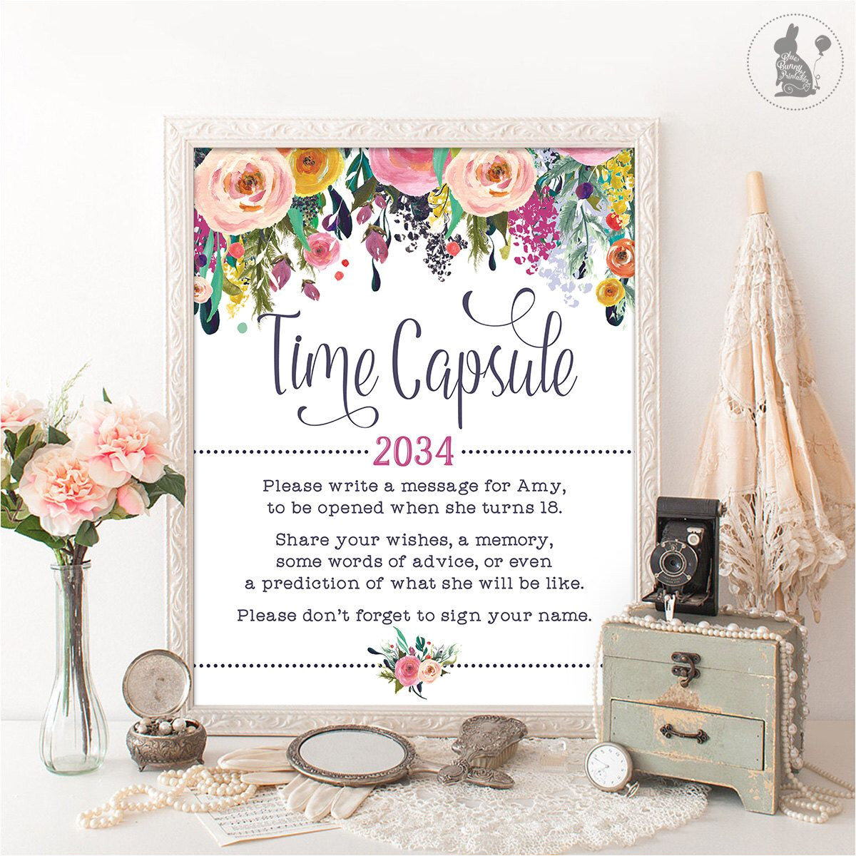 New Baby Flower Card Message Time Capsule Floral Baby Shower Table Sign Decoration Girls