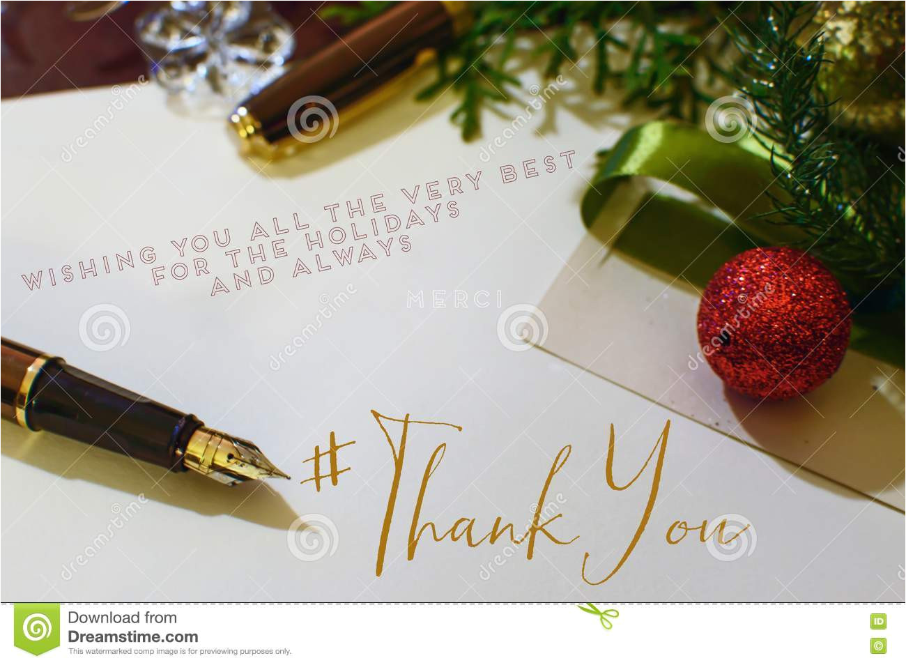 christmas thank you card gold fountain pen desk ornaments evergreen tree gold crystal writing notes end 82670901 jpg