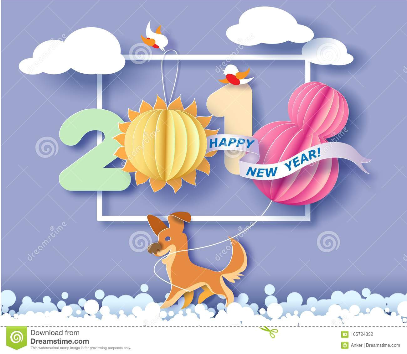 happy new year card color paper cut design craft winter landscape birds dog digit holiday merry christmas vector 105724332 jpg