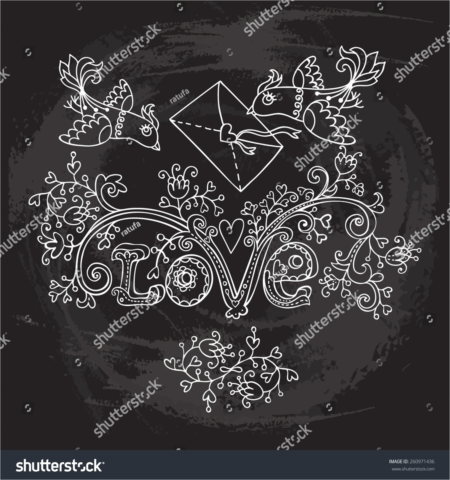 stock vector romantic vector card with love birds and floral love lettering stylized chalkboard drawing can be 260971436 jpg