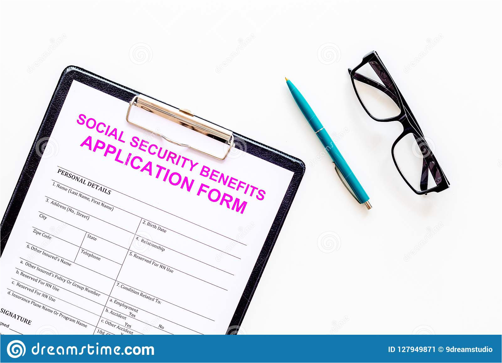 social security benefits application form near pen glasses white background top view space text 127949871 jpg
