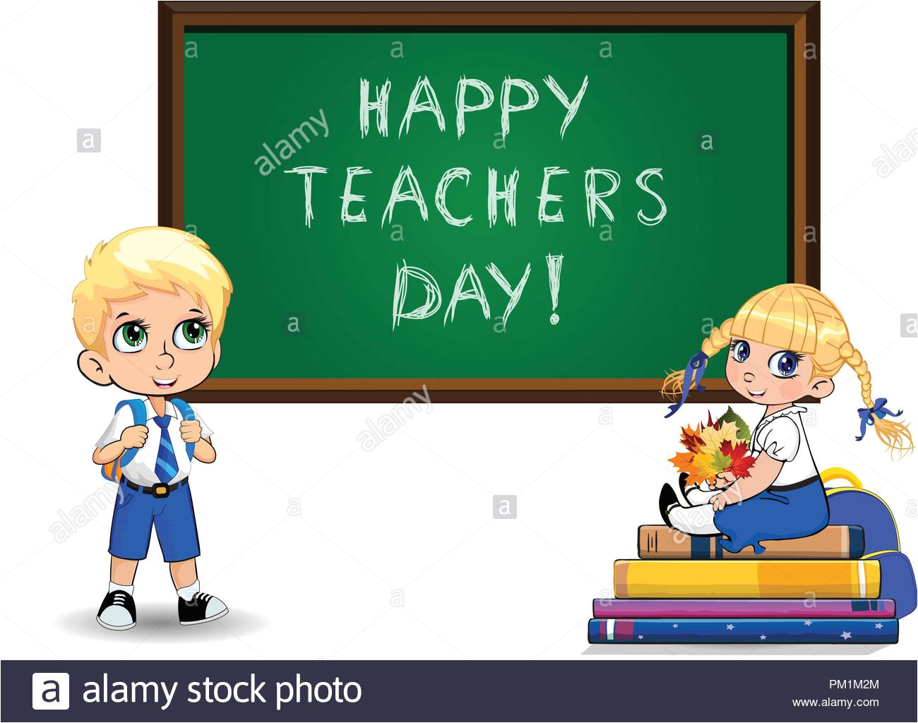 happy teachers day greeting card with cute cartoon school girl sitting on books pile and schoolboy near blackboard on white vector illustration of ka pm1m2m jpg