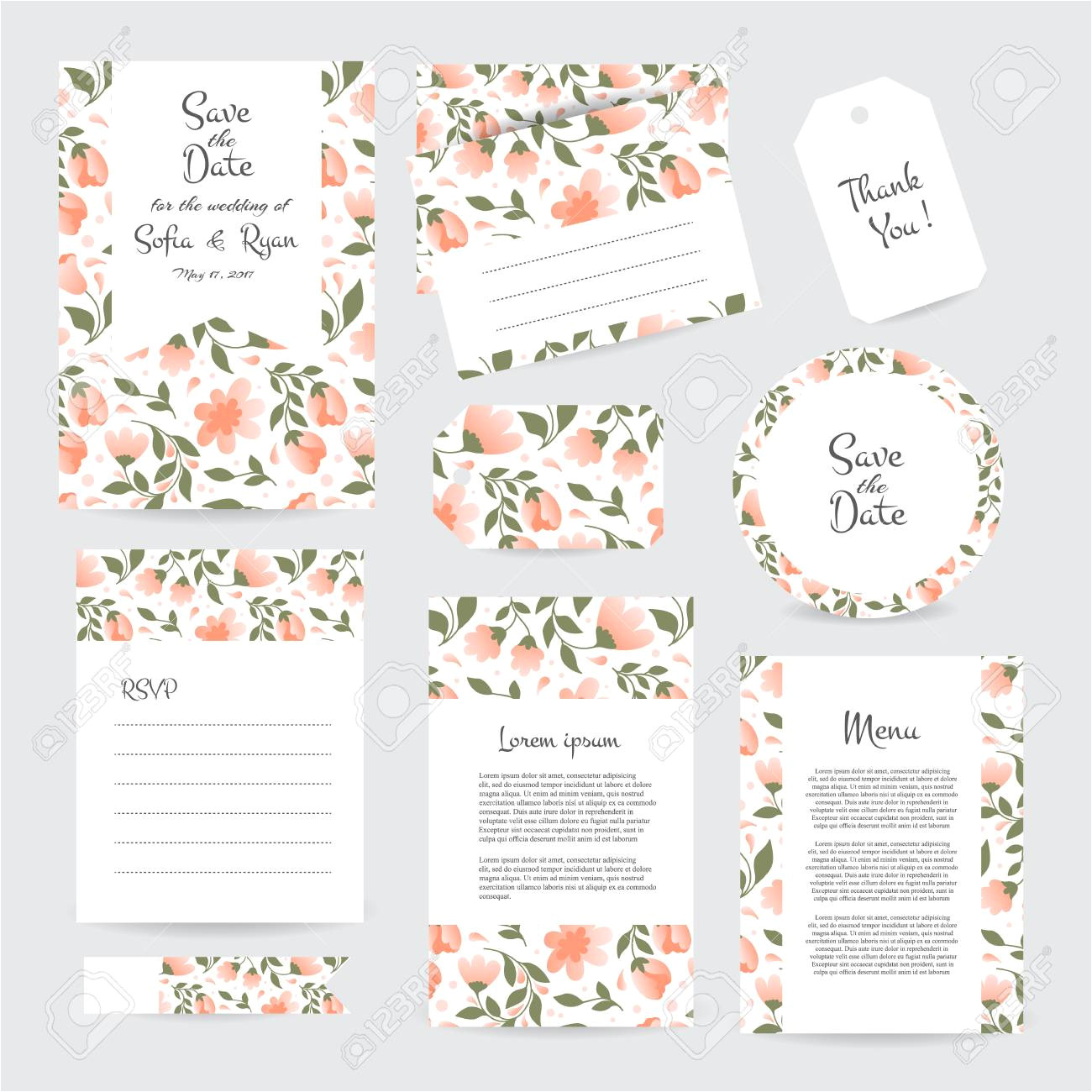 120958313 vector gentle wedding cards template with flower design invitation or save the date rsvp menu and th jpg