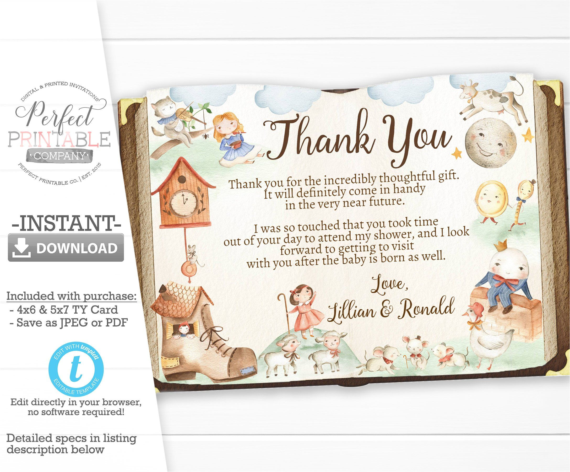 Thank You Card On Birthday Nursery Rhyme Baby Shower Thank You Card Mother Goose Thank