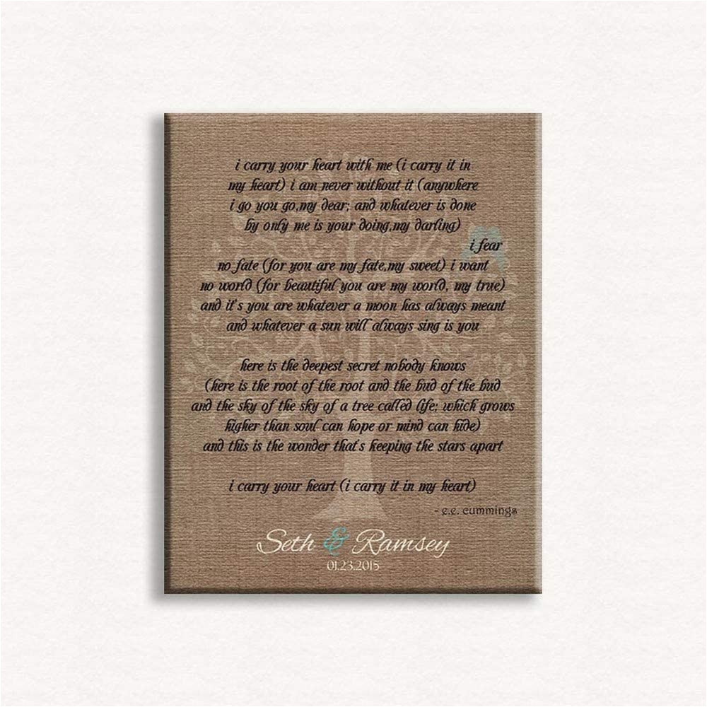 Ttd Marriage Card Sending Address Personalized Gift for Mother Of Bride Parents Faux Burlap Turquoise I Carry Your Heart Ee Cummings 8×10 Unframed Paper Art Print