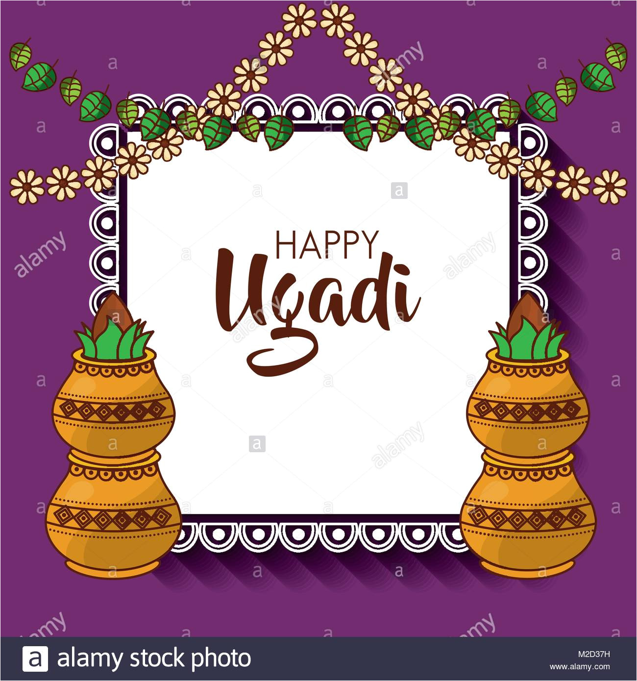 happy ugadi hindu new year greeting card pot with coconut flowers m2d37h jpg
