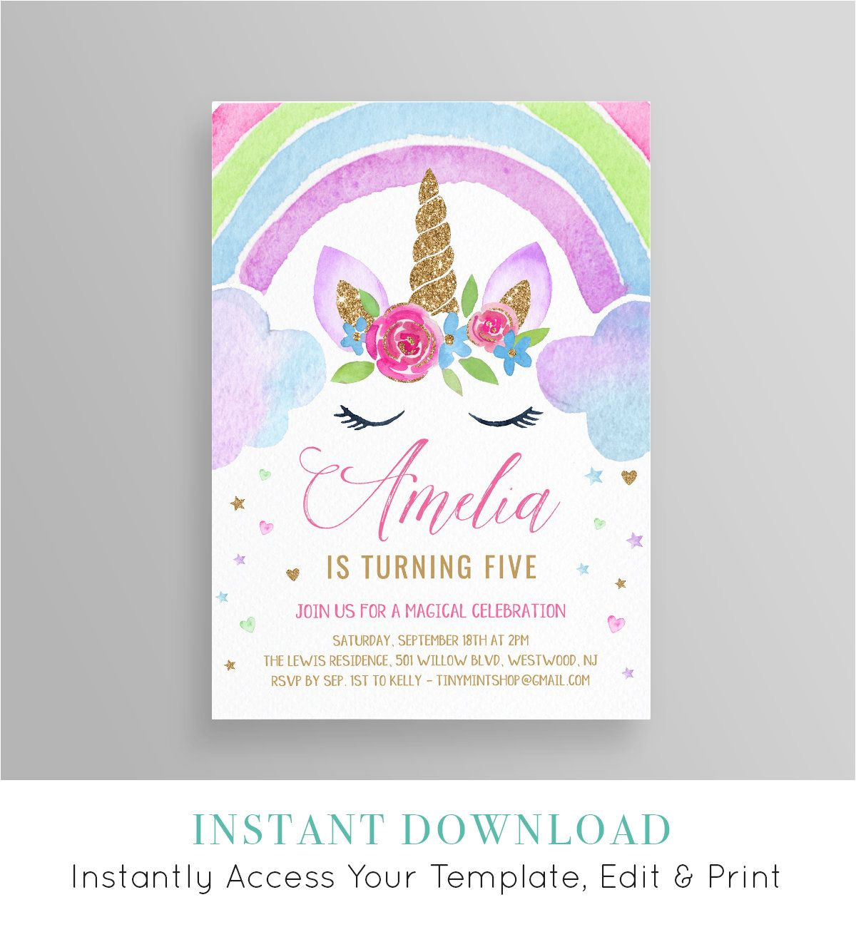Unicorn Thank You Card Template Free Unicorn Birthday Invitation Instant Download Rainbow