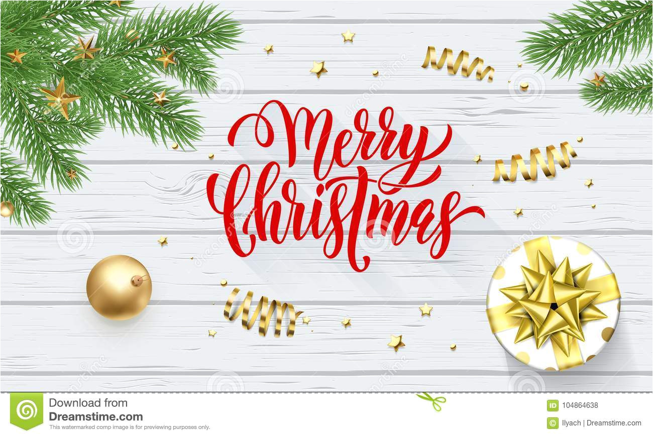 merry christmas holiday golden decoration xmas tree calligraphy font greeting card white wooden background vector chri 104864638 jpg
