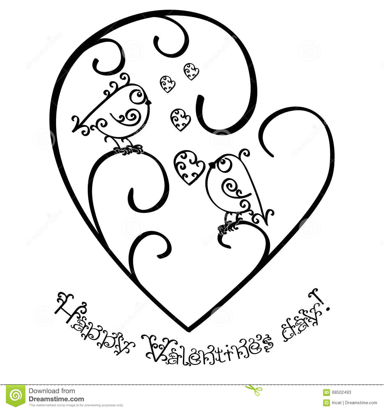 happy valentines day greeting card invitation concept monochrome black outline pattern birds curls isolated white 68502493 jpg