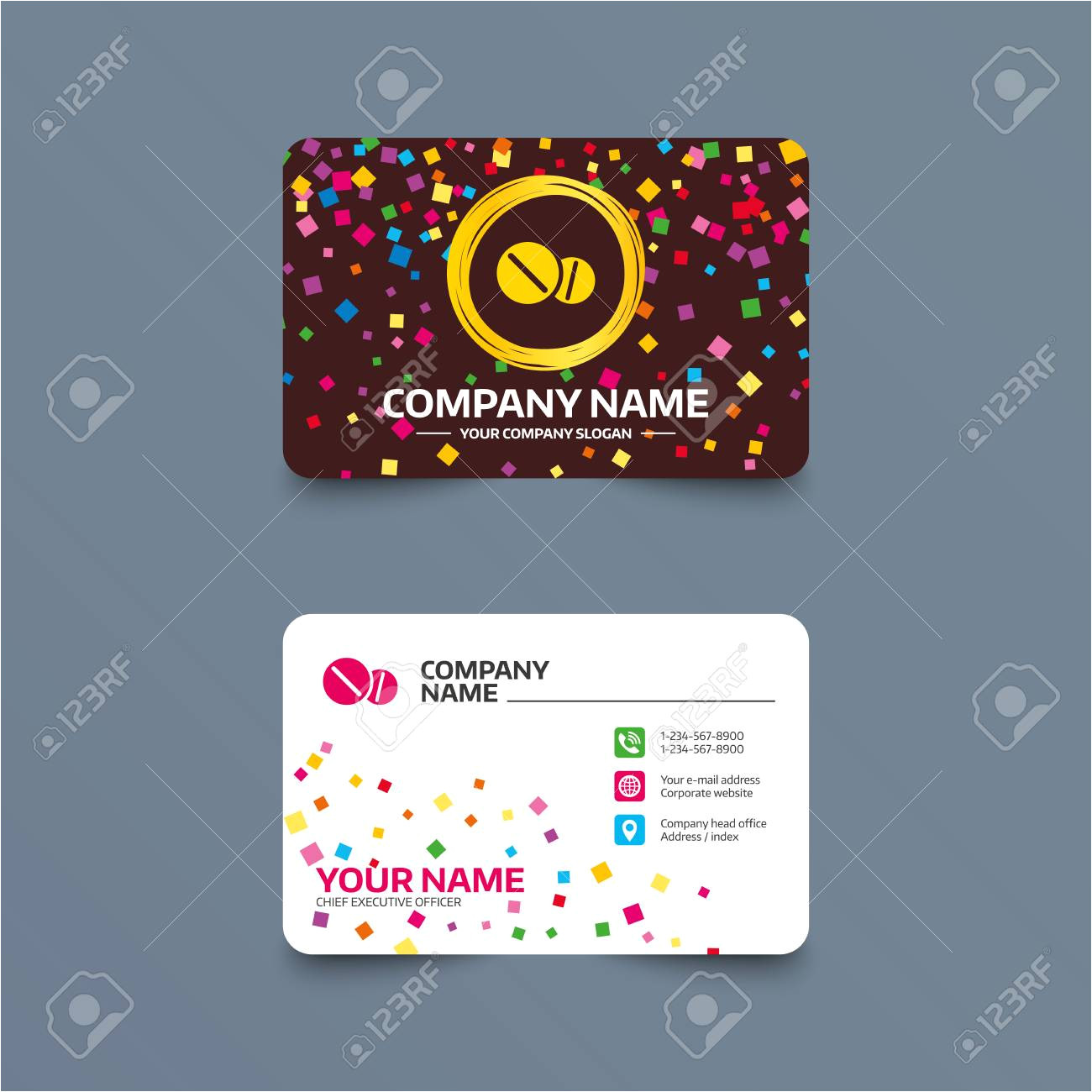 70145431 business card template with confetti pieces medical tablets sign icon pharmacy medicine drugs symbol jpg