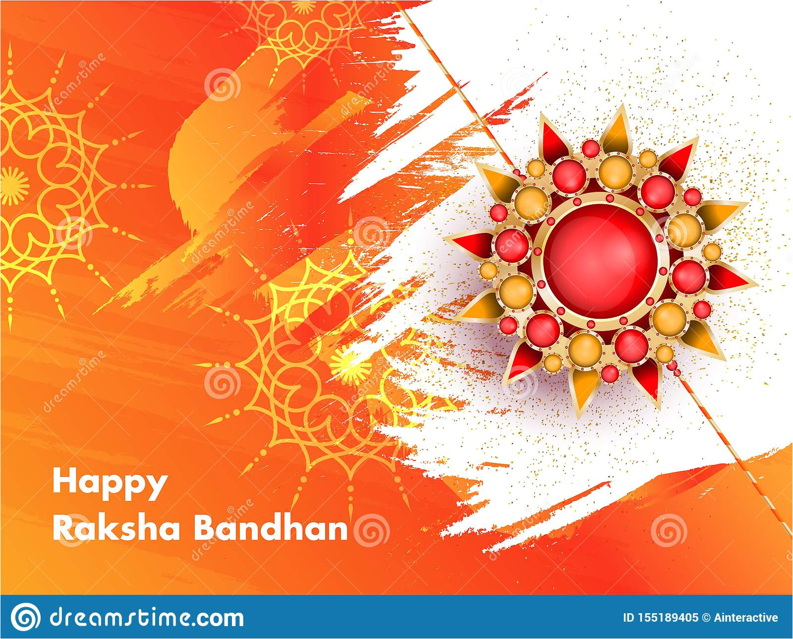 happy raksha bandhan greeting card design beautiful rakhi wristband orange grunge brush stroke background image