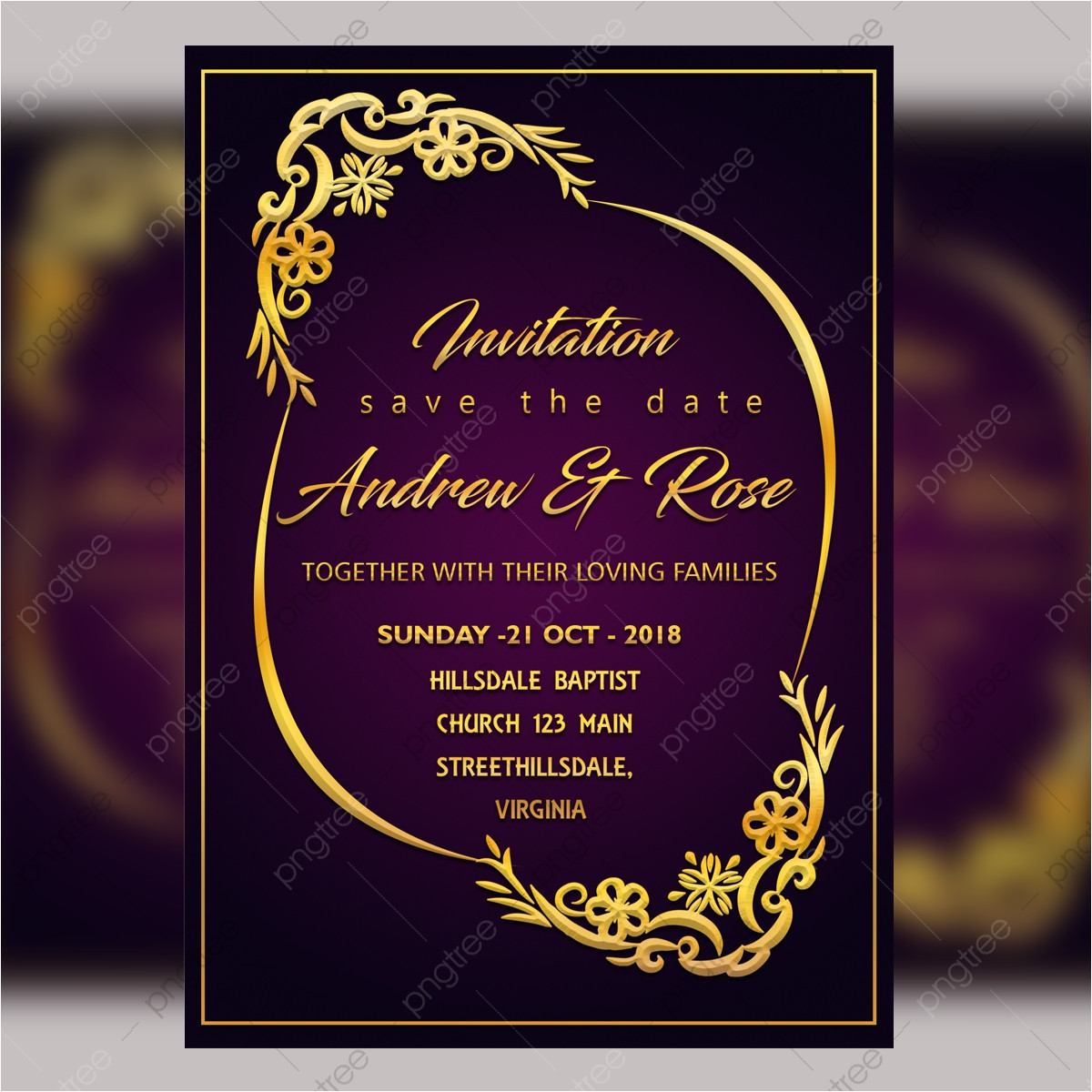 purple wedding invitation card template psd file with vector royal border