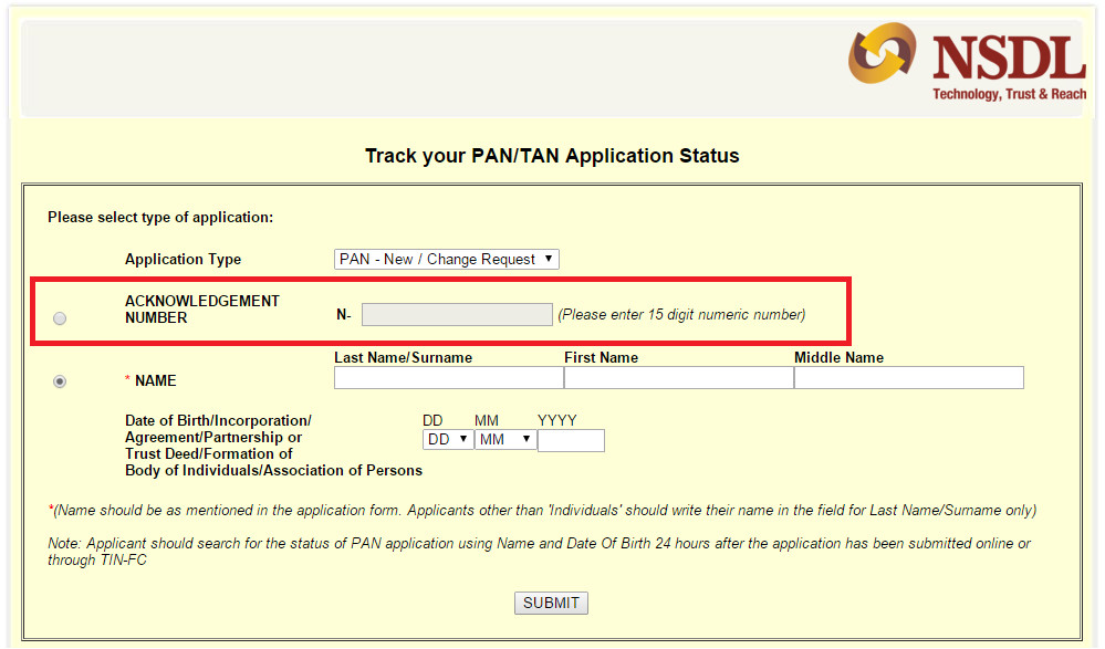 check pan card status acknowledgement number